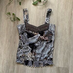 Vintage y2k Cach’e Silky Printed Rhinestone Bling Top